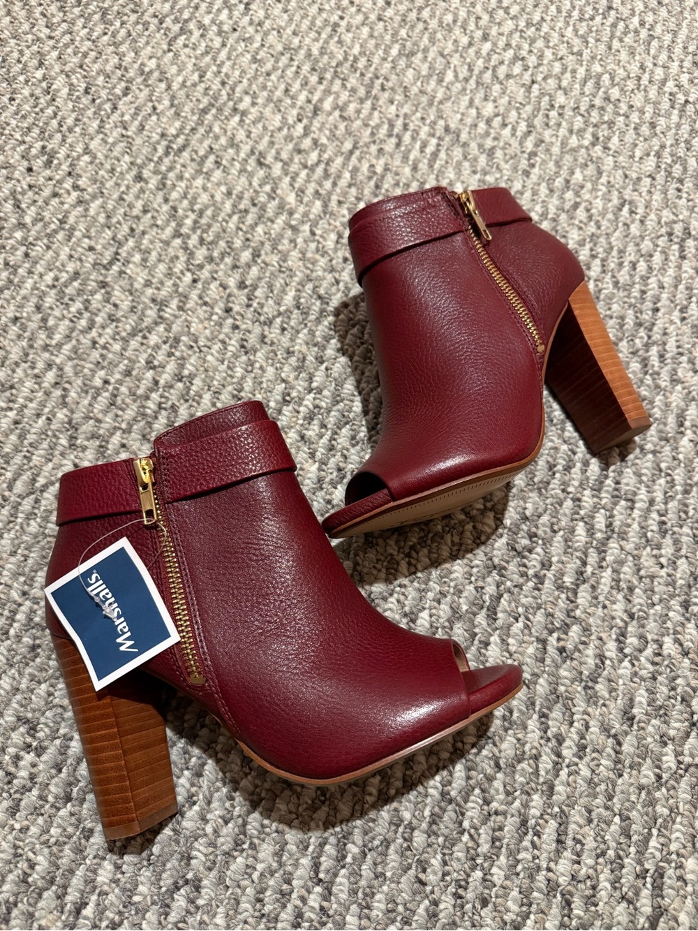 Splendid Jojo fine leather open toe boots dark cranberry burgundy block heel